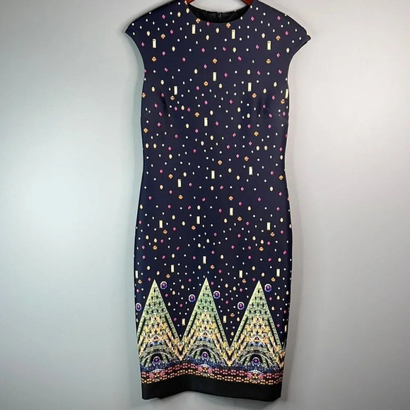 MARIO SERRANI Jewel Print Sleeveless Midi Dress Navy Blue Form Fitting Size 6 - Picture 11 of 11